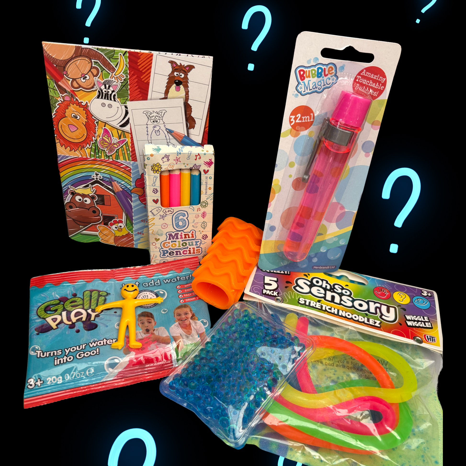 Assorted children's toys and activities on a black background with question marks.