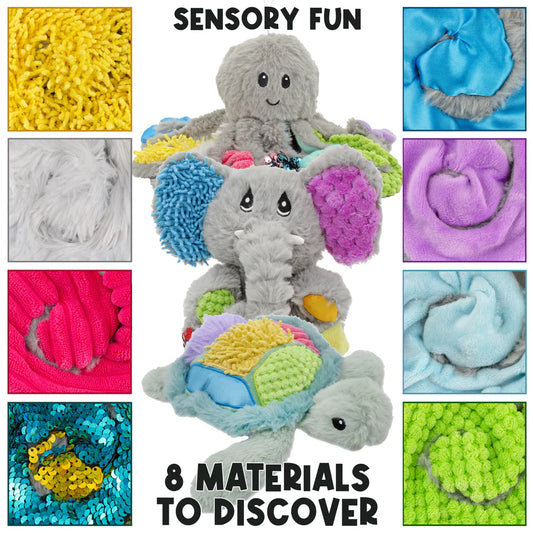 Quiggly the octopus, Ellie the elephant and Sunny the sea turtle. Shows each type of sensory material. Yellow long strands. Grey soft plush. Bright pink ridges. blue and gold sequins. Blue satin. Purple fluffy. Light blue fine plush. Green bumpy. 