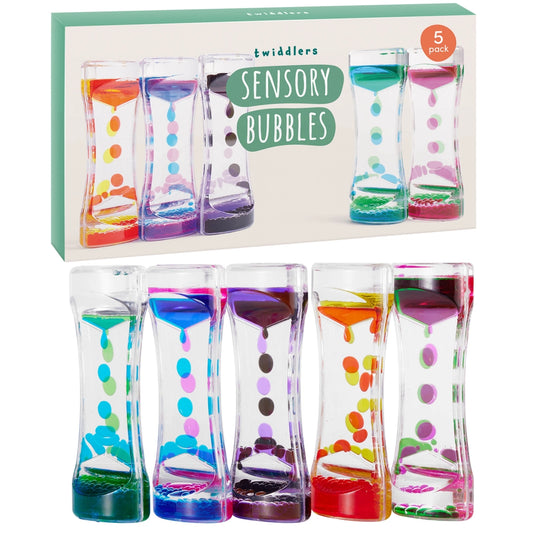 Box of Twiddler Sensory Bubble timers showing 5 bubble timers on the box. Below the bow shows the bubble timers out of the box. Blue and green, blue and pink, purple and pink, orange and yellow, black and purple. 