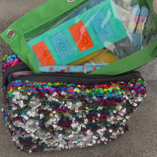 Sensory Grab and Go Bag being put into numerous different size bags to show it fits. 