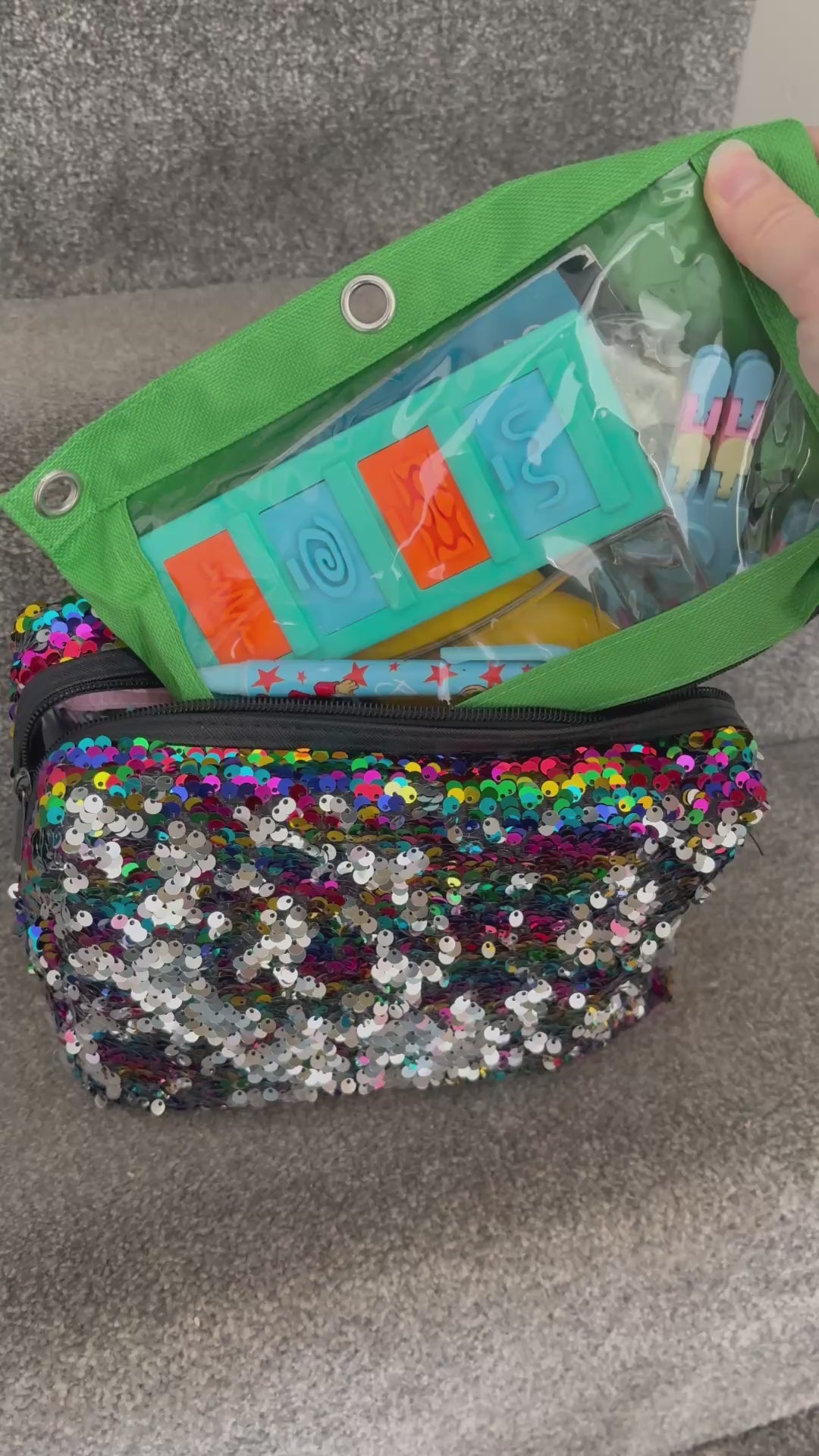 Sensory Grab and Go Bag being put into numerous different size bags to show it fits. 